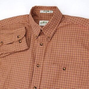 Orvis Shirt Mens Medium Brown Red Gingham Plaid Button Front Long Sleeve